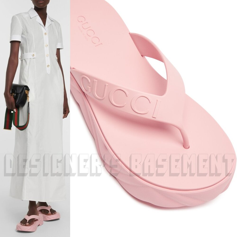 GUCCI pink rubber 38 -8US Logo Thong Matelasse quilt Platform Slides sandals NIB - Picture 13 of 13